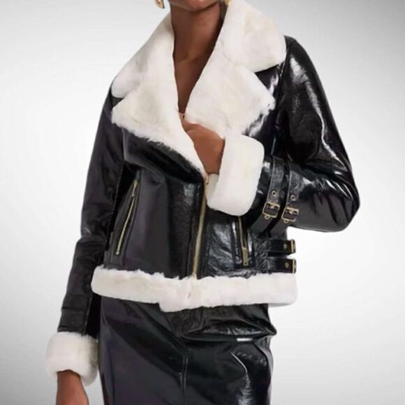 Generation Love Dion Faux Shearling-Trimmed Moto Jacket in Black and White Size - Picture 1 of 7